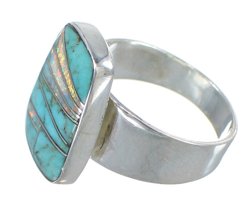 Genuine Sterling Silver Southwestern Turquoise And Opal Inlay Jewelry Ring Size 8-1/2 AX83355